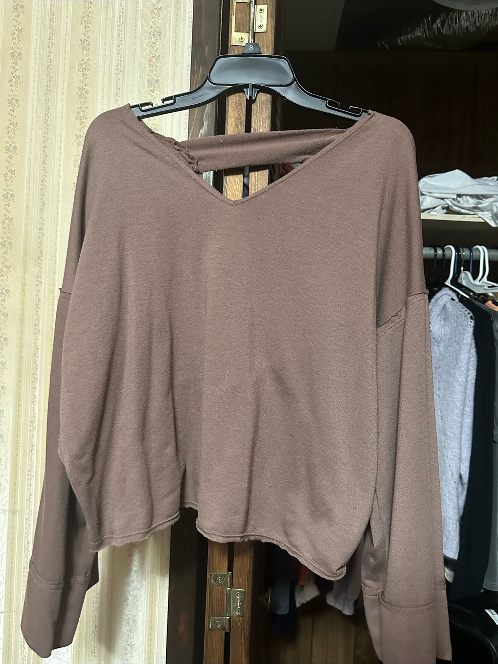Three Bird Nest Brown V-Neck Cropped Sweatshirt
